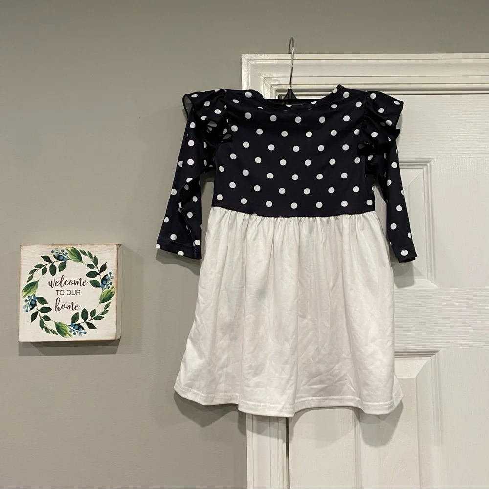 Toddler Girl 1- 2 Year Snowman Dress Ruffle Long Sleeve Polka Dot Black White